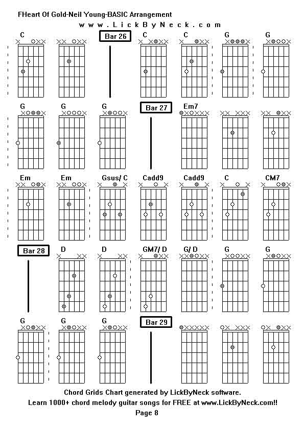 Chord Grids Chart of chord melody fingerstyle guitar song-FHeart Of Gold-Neil Young-BASIC Arrangement,generated by LickByNeck software.